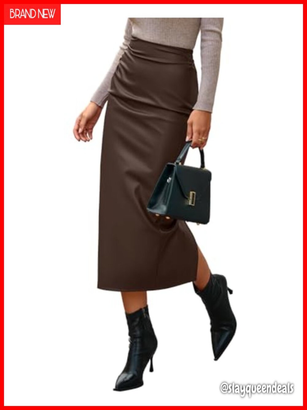 Faux Leather Pencil Skirt Women High Waisted Midi Bodycon Back Slit Business